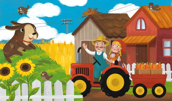 cartoon scene with tractor and farm family on the ranch illustration for children