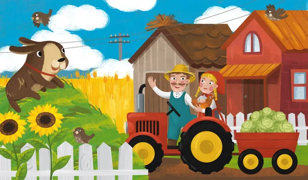 Scena Kreskówek Ciągnika Rodziny Rolniczej Ranczu Ilustracja Dla Dzieci — Zdjęcie stockowe