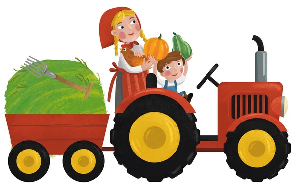 Cartoon Scene Working Farmer Woman Mother Son Illustration Children — Stock Photo, Image