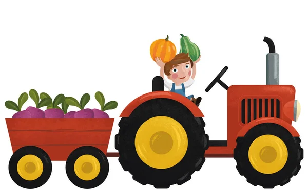 Desenho Animado Cena Com Trabalhador Agricultor Filho Ilustração Para Crianças — Fotografia de Stock