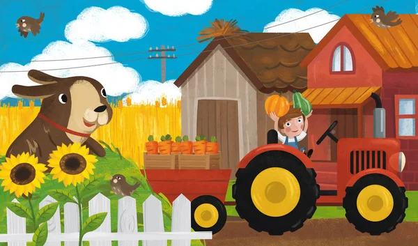 Scena Ranch Cartone Animato Con Felice Contadino Famiglia Cane Illustrazione — Foto Stock