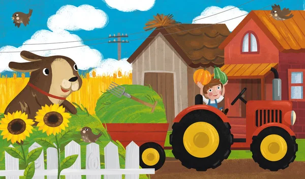 Cartoon Ranch Scene Happy Farmer Family Dog Illustration Children — Stock Photo, Image