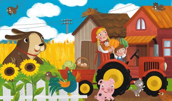 Cartoon Ranch Scene Met Gelukkig Boer Familie Hond Illustratie Voor — Stockfoto