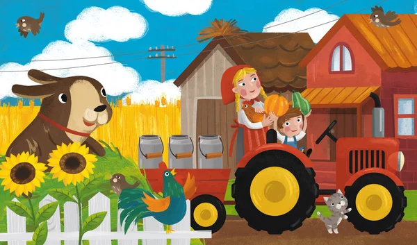 Scena Ranch Cartone Animato Con Felice Contadino Famiglia Cane Illustrazione — Foto Stock