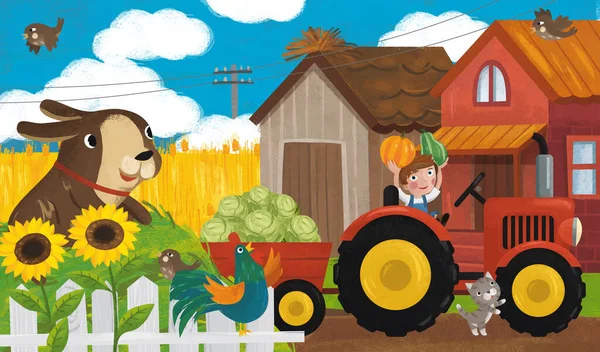 Cartoon Ranch Scene Met Gelukkig Boer Familie Hond Illustratie Voor — Stockfoto