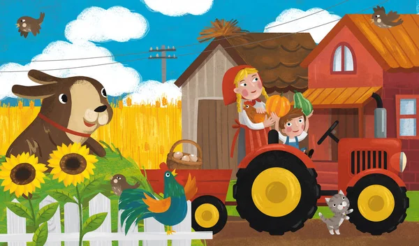 Cartoon Ranch Scene Met Gelukkig Boer Familie Hond Illustratie Voor — Stockfoto