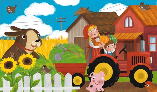 Scena Ranch Cartone Animato Con Felice Contadino Famiglia Cane Illustrazione — Foto Stock