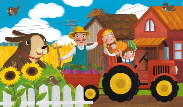 Сцены Ранчо Счастливой Фермерской Семьёй Собачьей Иллюстрацией Детей — стоковое фото