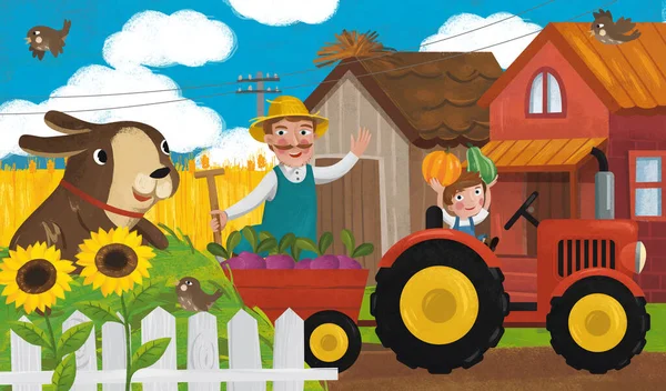 Scena Ranch Cartone Animato Con Felice Contadino Famiglia Cane Illustrazione — Foto Stock