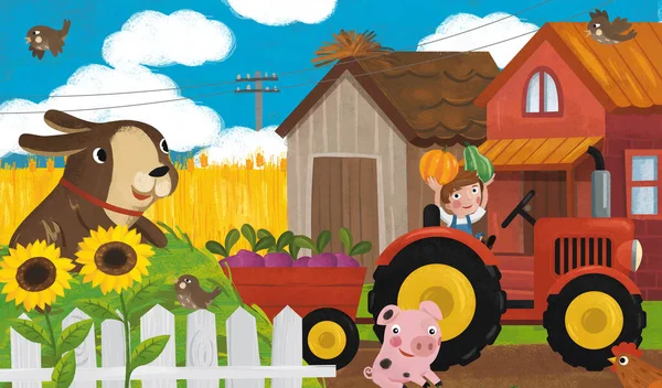 Scena Ranch Cartone Animato Con Felice Contadino Famiglia Cane Illustrazione — Foto Stock