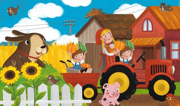 cartoon ranch scene with happy farmer family and dog illustration for children