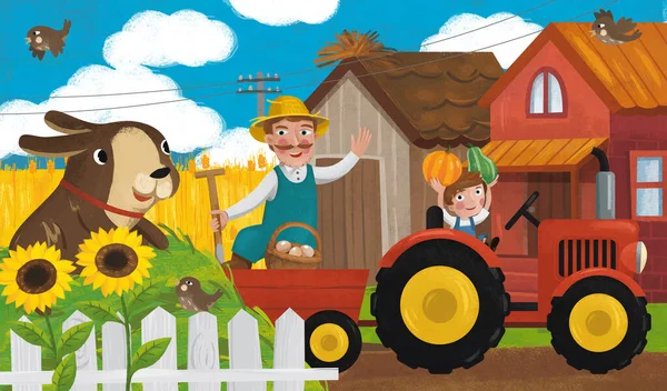 Scena Ranch Cartone Animato Con Felice Contadino Famiglia Cane Illustrazione — Foto Stock