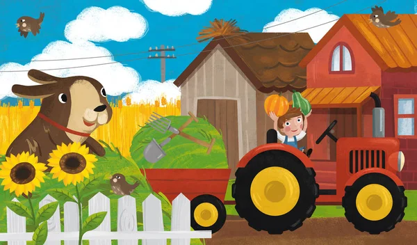 Scena Ranch Cartone Animato Con Felice Contadino Famiglia Cane Illustrazione — Foto Stock