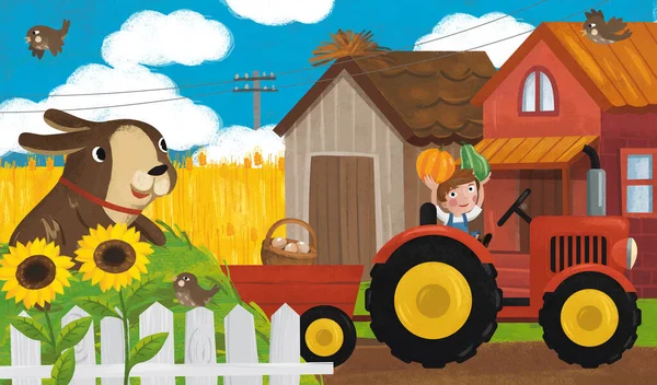 Scena Ranch Cartone Animato Con Felice Contadino Famiglia Cane Illustrazione — Foto Stock