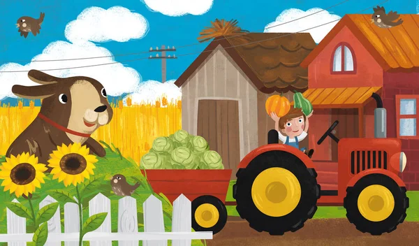 Scena Ranch Cartone Animato Con Felice Contadino Famiglia Cane Illustrazione — Foto Stock