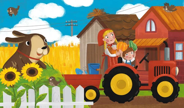 Rajzfilm Farm Jelenet Boldog Farmer Család Kutya Illusztráció Gyerekeknek — Stock Fotó