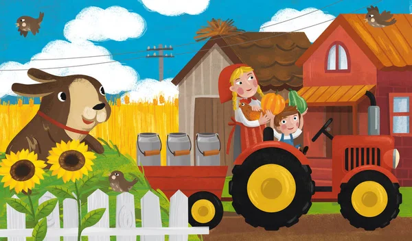 Dessin Animé Ranch Scène Avec Heureux Agriculteur Famille Chien Illustration — Photo