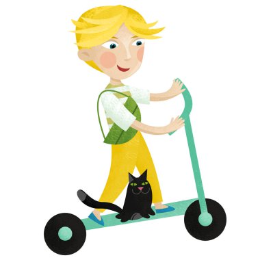 Çocuklar için izole edilmiş yemek pikniği sepeti ile scooter süren bir çocukla karikatür sahnesi.