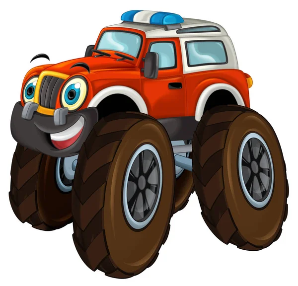 Cartoon Happy Funny Road Police Car Looking Monster Truck Smiling — Stock Photo, Image