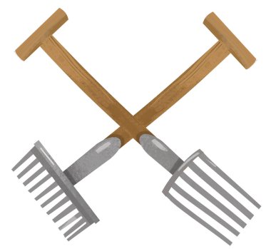 Çocuklar için yaba ve tırmık resimli el arabası sahnesi.