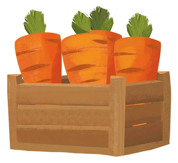 Escena Dibujos Animados Con Caja Madera Llena Zanahoria Aislada Sobre — Foto de Stock