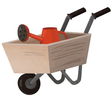 Çocuklar için bahçe aletleri resimli el arabası olan karikatür sahnesi