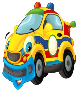 Çocuklar için komik görünümlü ambulans sedanlı çizgi film sahnesi