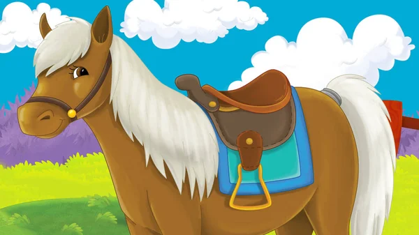 Cartoon Bauernhofszene Mit Pferdehengst Illustration Für Kinder — Stockfoto