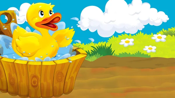 Cartoon Farm Scena Con Anatra Uccello Illustrazione Bambini — Foto Stock