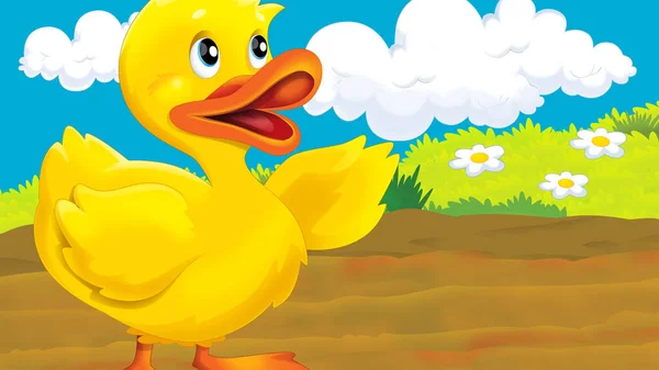 Cartoon Farm Scena Con Anatra Uccello Illustrazione Bambini — Foto Stock