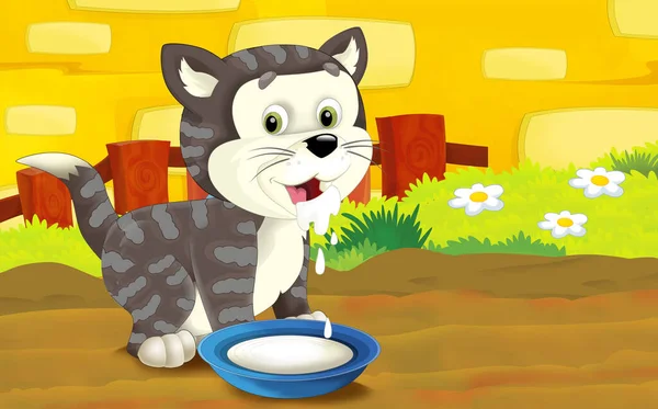 cartoon farm scene with cat illustration for children