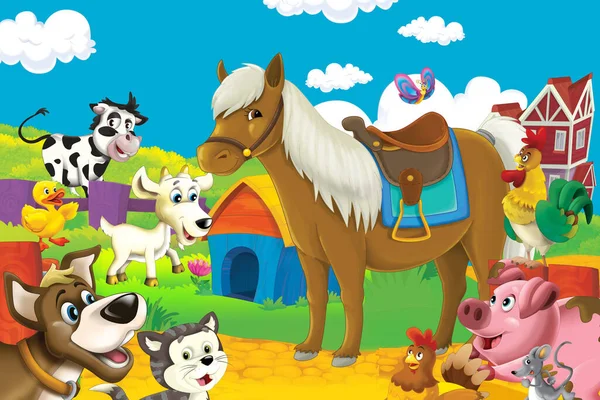 Cartoon Farm Scene Different Animals Illustration Children — Stock Photo, Image