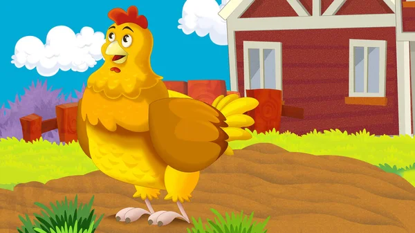 Dibujos Animados Granja Escena Con Pollo Pájaro Ilustración Para Niños —  Fotos de Stock