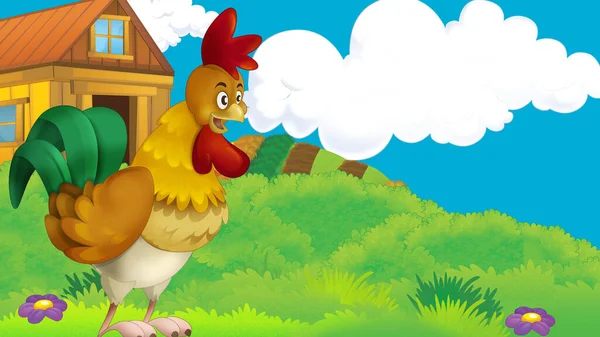 Cartoon Farm Scene Chicken Rooster Bird Illustration Children — Stock Photo, Image