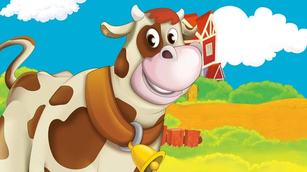 cartoon farm scene with cow illustration for children