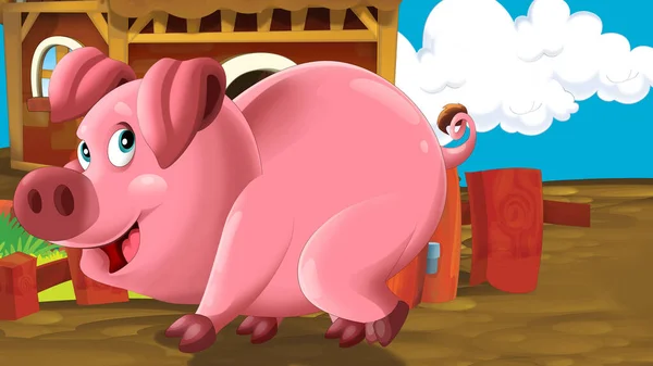 Kreskówkowa Scena Gospodarstwo Świnia Ilustracja Dla Dzieci — Zdjęcie stockowe