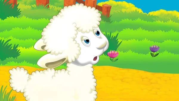 cartoon farm scene with sheep illustration for children