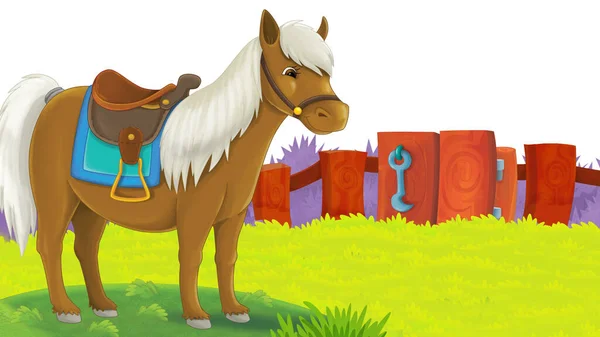 Caricatura Granja Escena Con Caballo Semental Ilustración Para Niños — Foto de Stock