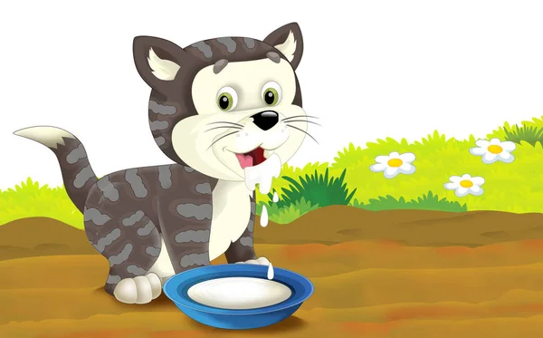 Escena Granja Dibujos Animados Con Ilustración Gato Para Niños —  Fotos de Stock