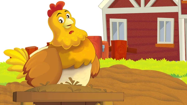 cartoon farm scene with chicken bird illustration for children