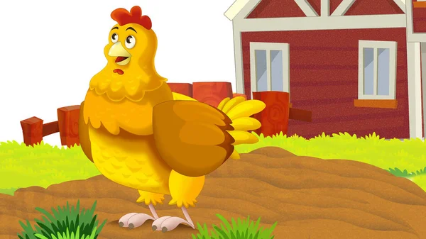 Cartoon Farm Scene Chicken Bird Illustration Children — Stock Photo, Image
