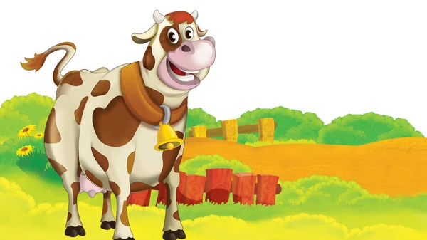Cena Fazenda Desenhos Animados Com Ilustração Vaca Para Crianças — Fotografia de Stock