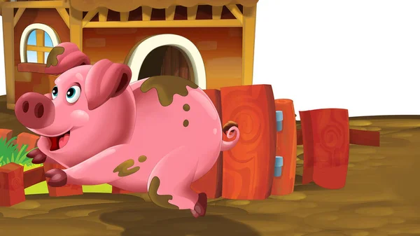 子供のための豚のイラストと漫画農場のシーン — ストック写真