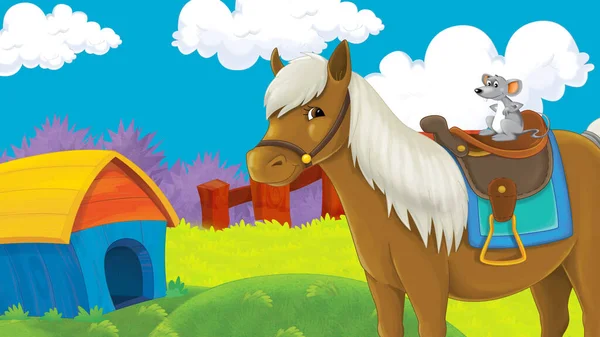 Scène Ferme Dessin Animé Avec Illustration Étalon Cheval Pour Enfants — Photo