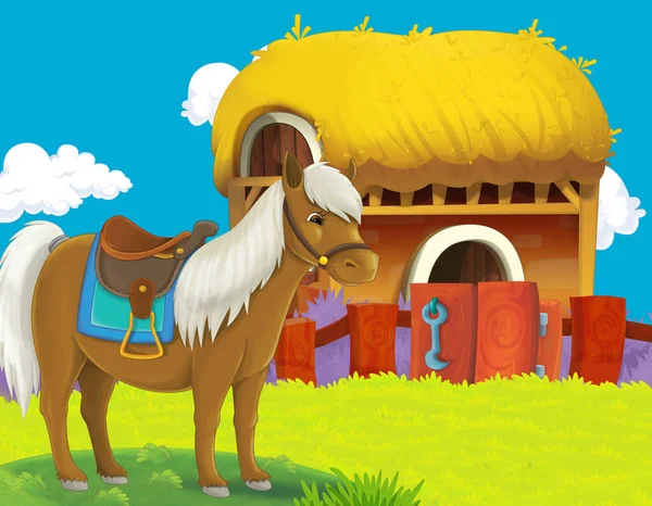 Cartoon Farm Scene Horse Stallion Illustration Children — Stock Photo, Image