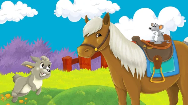 卡通片农场场景 为孩子们提供马驹图解 — 图库照片