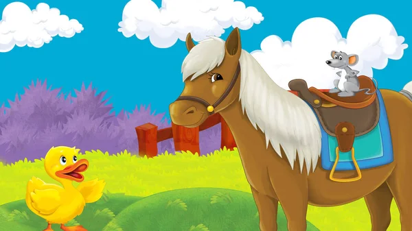 Caricatura Granja Escena Con Caballo Semental Ilustración Para Niños — Foto de Stock