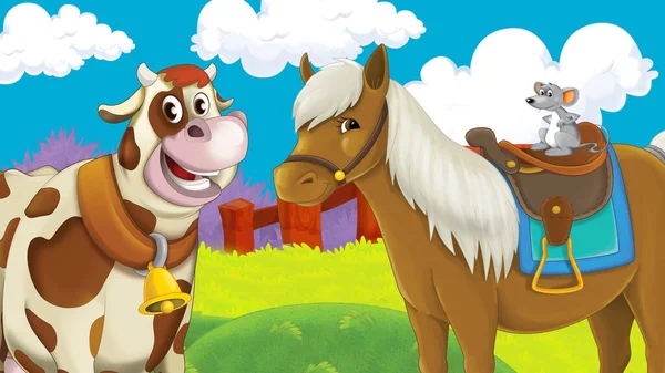 cartoon farm scene with horse stallion illustration for children