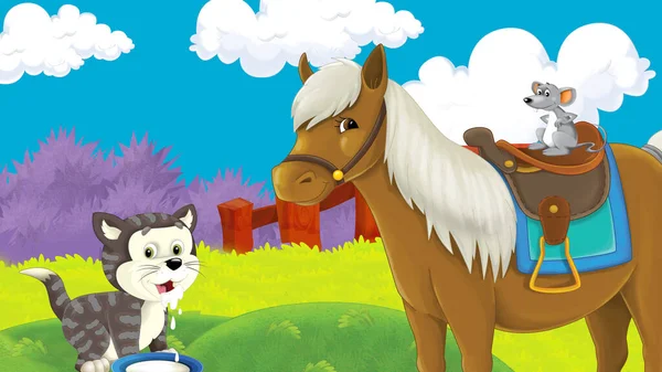 Cena Fazenda Desenhos Animados Com Cavalo Garanhão Ilustração Para Crianças — Fotografia de Stock