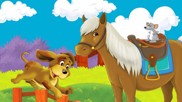Cartoon Boerderij Scène Met Paard Hengst Illustratie Voor Kinderen — Stockfoto
